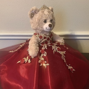 Quinceanera Princess Bear/Doll with Burgundy dress and gold embroidered lace trim.