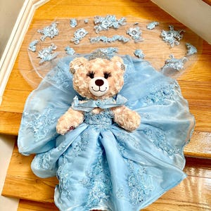 Quinceanera Princess Bear/Doll with blue custom Dress and embroidered tulle cape. Available in color of your choice.
