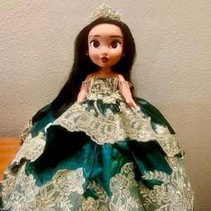 Quinceanera Princess Bear/Doll with Green with Gold Appliqué Layered Dress/Custom Dress