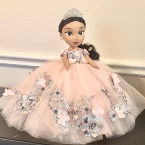 Quinceanera Princess Bear/Doll with Blush and Silver Floral Dress/Custom Dress