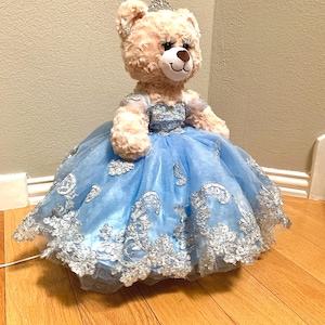 Quinceanera Princess Bear/Doll with light blue sparkling dress with silver embroidered lace trim.