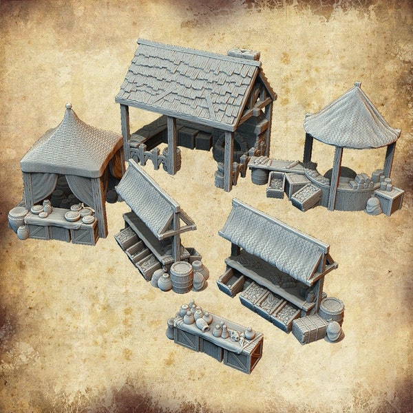 6 Market Stalls - 28/32mm | Leichheim | 3D Printed Tabletop Miniatures and Props | Dungeons and Dragons, DnD, D&D, Pathfinder, Fantasy