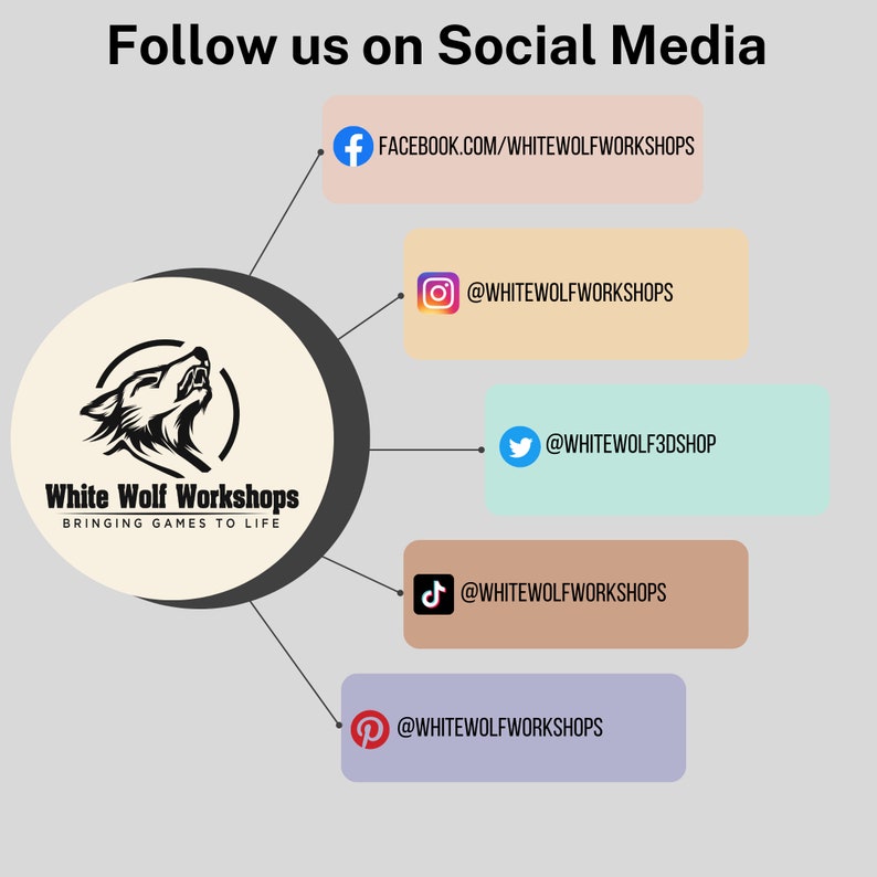 May include: Graphic with the text "Follow us on Social Media" and social media icons. The image includes the White Wolf Workshops logo and links to Facebook, Instagram, Twitter, TikTok, and Pinterest.