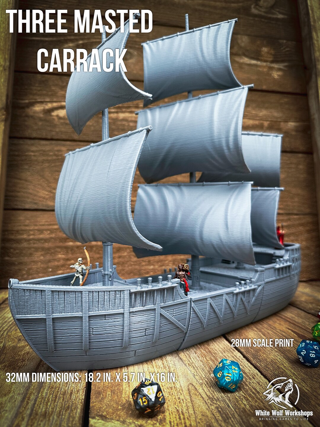 3 Masted Carrack 28/32mm 3D Printed Fantasy Tabletop Gaming Miniatures