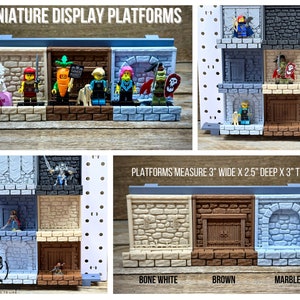 Peut inclure: Plateformes de présentation miniatures avec des textures de pierre et de bois en blanc cassé, marron et marbre. Chaque unité mesure 7,62 cm de large, 6,35 cm de profondeur et 7,62 cm de haut, conçue pour accueillir des figurines dans des sections.