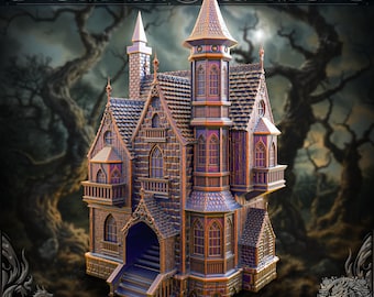 May include: A multi-story dice tower shaped like a haunted mansion with a tall central turret, pointed roofs, arched windows, and balconies. The structure features a stone-textured exterior with purple and orange highlights and the text DICE TOWER HAUNTED MANSION.