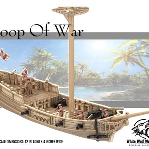 Sloop of War 28MM | Treasure Island | 3D Printed Fantasy Tabletop Miniatures Props Dungeons and Dragons DnD D&D | Pirate | Boat | Ship