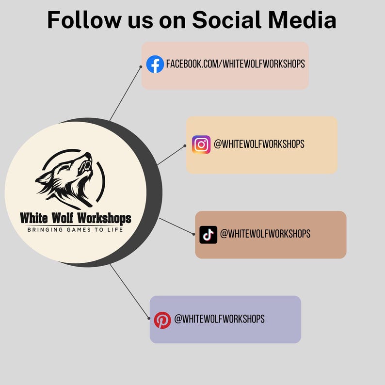 K&ouml;nnte beinhalten: Eine Grafik mit dem Text Follow us on Social Media. Ein kreisf&ouml;rmiges Logo zeigt einen schwarzen Wolfskopf und den Text White Wolf Workshops Bringing Games to Life. Linien verbinden vier farbige K&auml;stchen mit Social-Media-Handles f&uuml;r White Wolf Workshops auf Facebook, Instagram, TikTok und Pinterest.