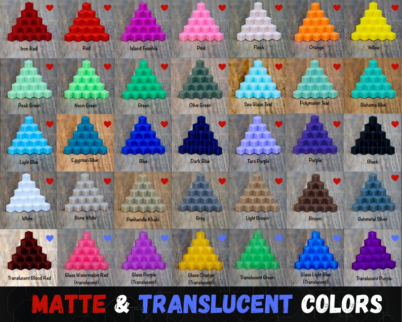 May include: A color chart featuring various shades of cubes arranged in a pyramid shape. The chart includes matte and translucent colors, such as red, blue, green, and purple. The text "MATTE & TRANSLUCENT COLORS" is displayed at the bottom.