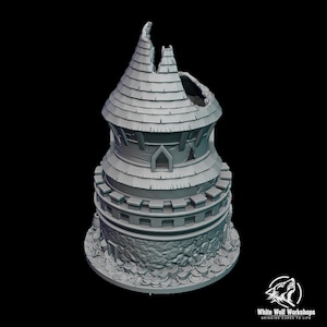 May include: A gray, 3D printed miniature of a ruined tower with a broken roof and a base of stacked coins.