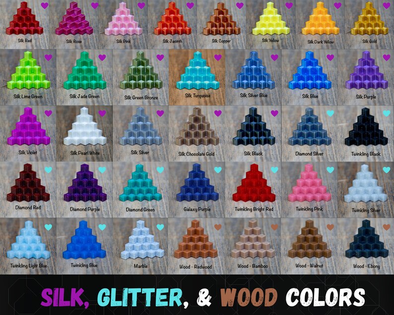 May include: A color chart featuring various pyramid-shaped samples in silk, glitter, and wood finishes. Colors include red, pink, green, blue, and gold, with labels such as "Silk Red" and "Wood-Ebony". The text "SILK, GLITTER, & WOOD COLORS" is at the bottom.