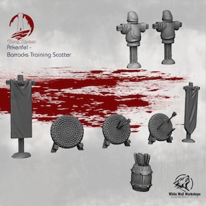 May include: A collection of gray miniature gaming terrain pieces labeled Arkenfel - Barracks Training Scatter. The set includes two training dummies, two vertical banners, three circular archery targets with arrows, and a barrel filled with arrows.