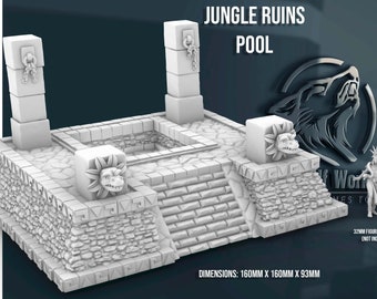 May include: A white 3D printed model of a jungle ruins pool with a square pool in the center and four pillars with decorative carvings. The pool is surrounded by stone steps and a stone wall. The model is 160mm x 160mm x 93mm.