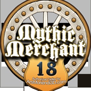 May include: Circular logo with the text "Mythic Merchant" in a stylized font, set against a wagon wheel design. A shield shape below displays the number "18" and the text "Authorized Seller by ArsMoriendi3D.com". The logo has a gold, white, and brown color scheme.