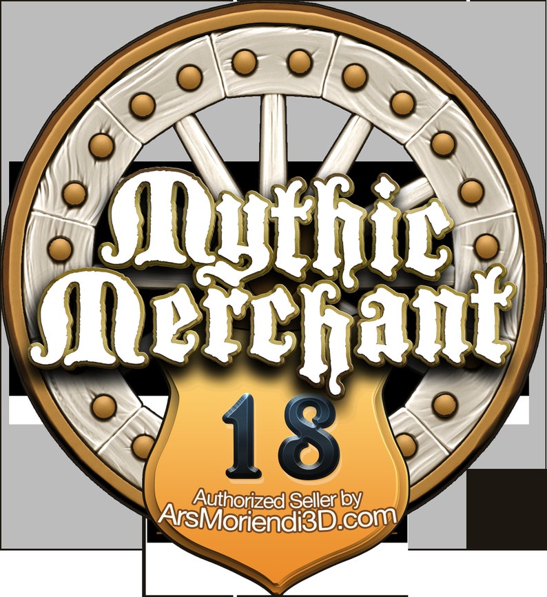 May include: Circular logo with the text "Mythic Merchant" in a stylized font, set against a wagon wheel design. A shield shape below displays the number "18" and the text "Authorized Seller by ArsMoriendi3D.com". The logo has a gold, white, and brown color scheme.