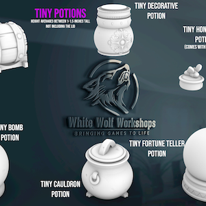 May include: A set of 10 miniature potion bottles, each with a unique design. The bottles are made of white plastic and are about 1.5 inches tall. The set includes a barrel, a bomb, a cauldron, a decorative bottle, a honey pot, and a fortune teller bottle.