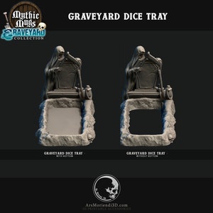 May include: A gray, 3D-printed graveyard dice tray with a grim reaper figure atop a tombstone. The tray is designed with a rectangular opening and a rocky, textured base. The text "GRAVEYARD DICE TRAY" is visible. The Mythic Mugs Raveyard Collection logo is in the upper left.