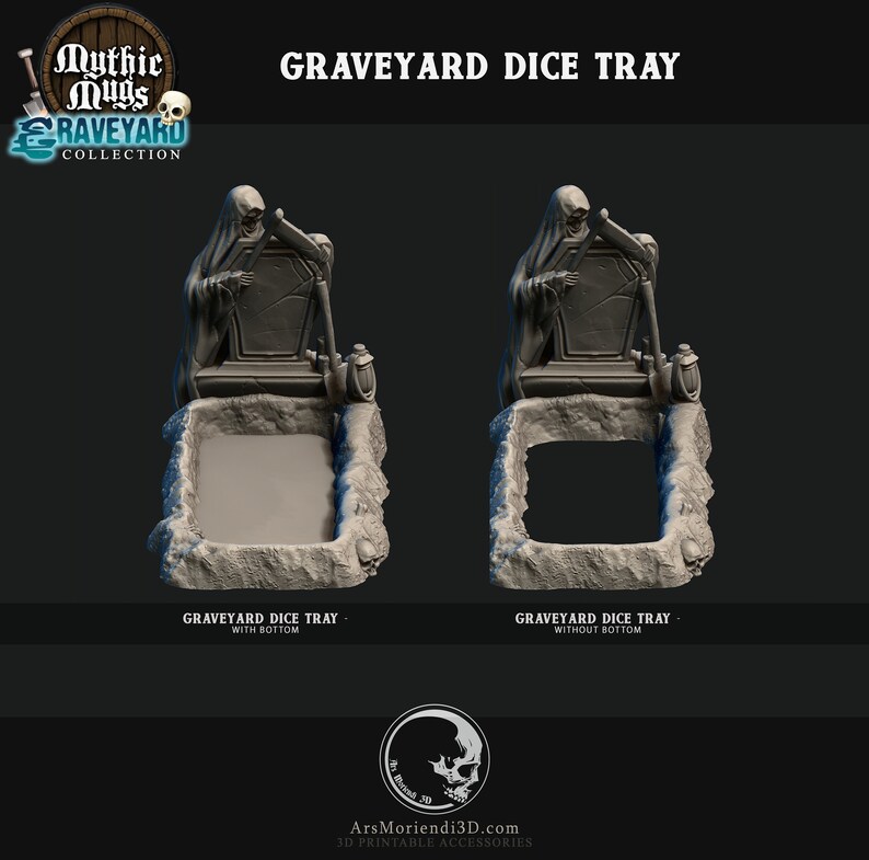 May include: A gray, 3D-printed graveyard dice tray with a grim reaper figure atop a tombstone. The tray is designed with a rectangular opening and a rocky, textured base. The text "GRAVEYARD DICE TRAY" is visible. The Mythic Mugs Raveyard Collection logo is in the upper left.