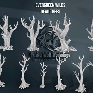 May include: Set of six white resin dead trees for tabletop gaming. The trees are in two different styles, with some having gnarled branches and others having more delicate branches. The trees are approximately 4.5 inches tall.