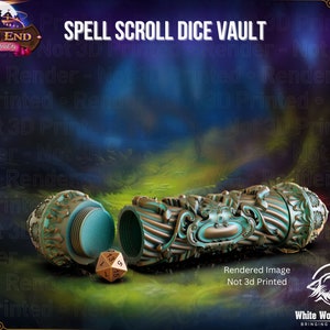 May include: A teal and gold metal dice vault with intricate carvings. The vault is open, revealing a single teal and gold metal die with the numbers 1, 3, 5, and a blank side visible. The image includes the text "SPELL SCROLL DICE VAULT" and "FATES END FURHAVEN".