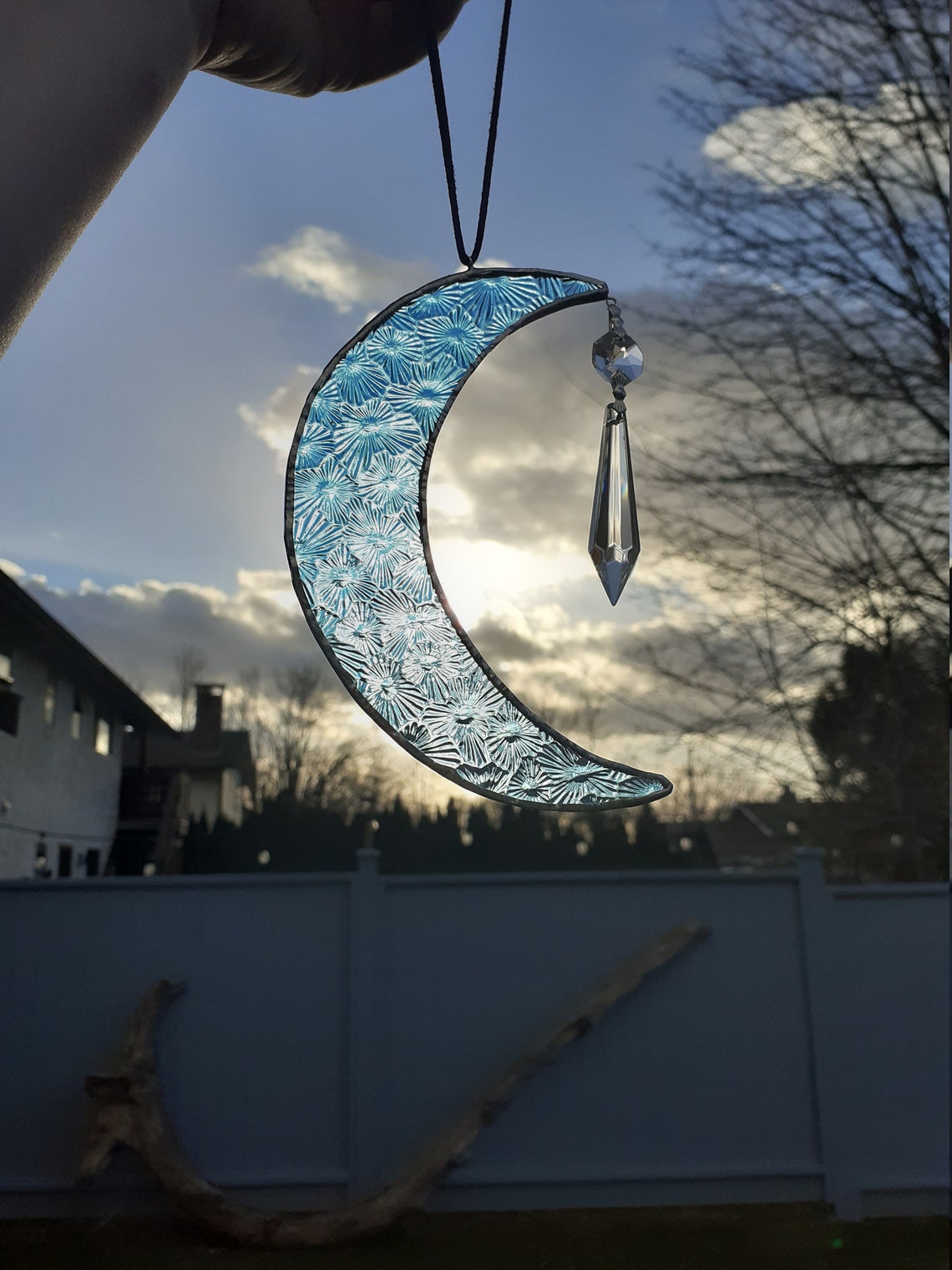 Blue Floral Pattern Celestial Stained Glass Moon With Gem Etsy