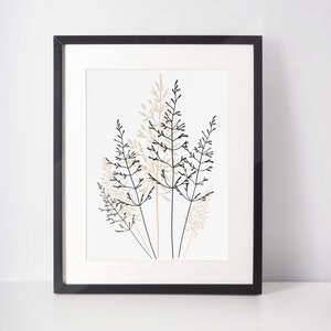 Arte della parete schizzo di erba, download digitale, piante stampabili, stampa di foglie sottili in bianco e nero, arredamento minimalista con stelo, illustrazione botanica