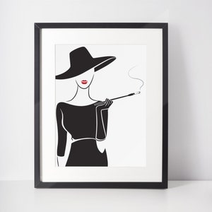 Classy Woman with Cigarette Wall Art, Digital Download, Black and White Décor, Elegant Woman Printable, Boss Lady Wall Design