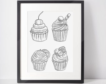 Cupcakes Sketch Wall Art, Digital Download, Cute Cupcakes Printable, Black and White Kitchen Décor, Baking Print, Dessert Print, Food Print