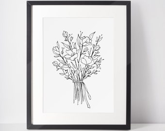 Bouquet of Flowers Sketch Print, Digital Download, Plants Printable, Black and White, Floral Minimalist, Flower Drawing Print, Botanical Art