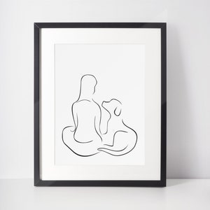 犬を連れた少女のスケッチ ウォール アート、デジタル ダウンロード、犬好きの印刷可能な装飾、犬の飼い主の女性ライン アート デザイン、ミニマリストのかわいいアート