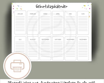 Printable birthday calendar, perpetual calendar template A4, printable calendar for birthdays