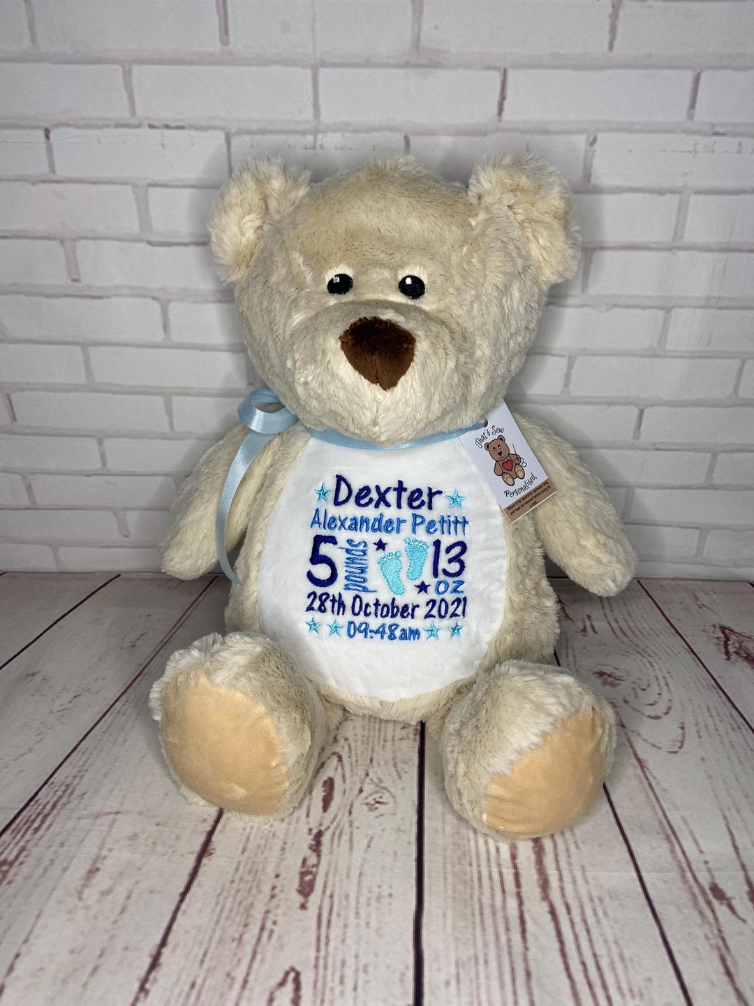 Personalised Bear Embroidered Soft Toy With Name or Birth