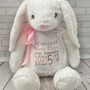 Personalised Embroidered Bunny Rabbit Teddy Bear Soft Toy, New Baby Birth Keepsake Gift