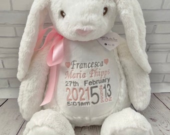 Personalised Embroidered Bunny Rabbit Teddy Bear Soft Toy, New Baby Keepsake Gift