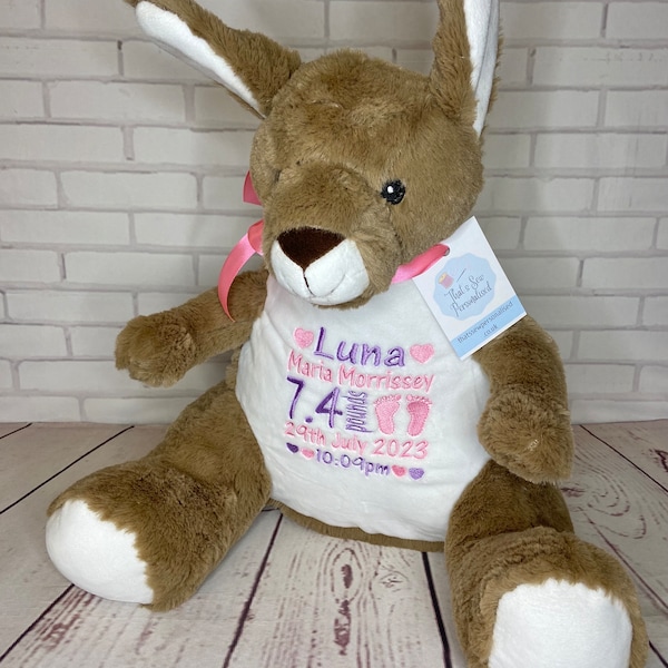 Personalised Embroidered Kangaroo Teddy Bear Soft Toy, New Baby Keepsake Gift