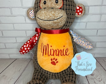 Personalised Embroidered Sensory Monkey Teddy Bear Soft Toy, New Baby Keepsake Gift