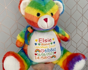 Personalised Embroidered Rainbow Teddy Bear Soft Toy, New Baby Keepsake Gift