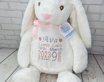 Personalised Embroidered Bunny Rabbit Teddy Bear Soft Toy, New Baby Keepsake Gift