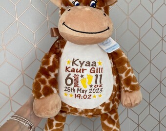Personalised Embroidered Giraffe Teddy Bear Soft Toy, New Baby Keepsake Gift