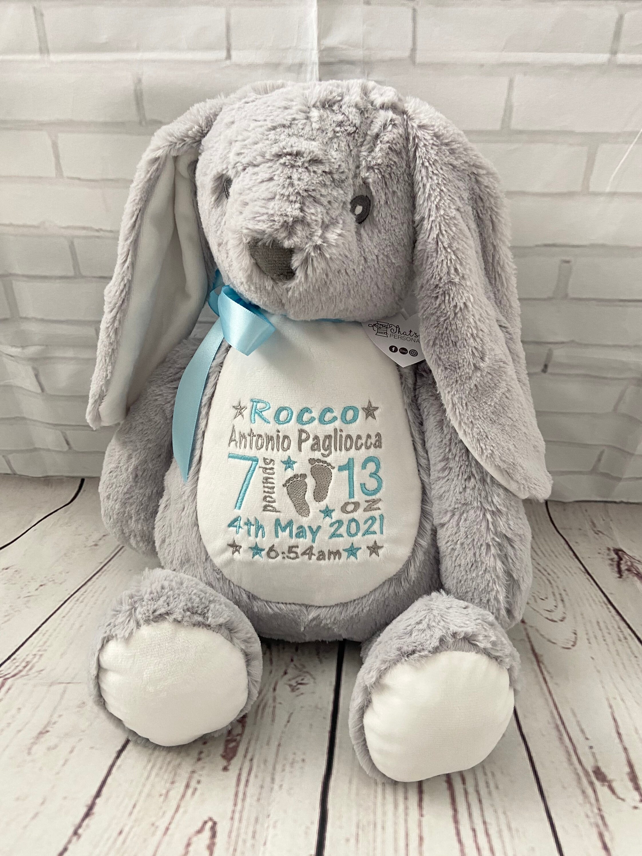 Personalised Embroidered Grey Bunny Rabbit Teddy Bear, Soft Toy, New …