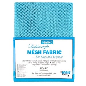 May include: A light blue mesh fabric, 18 inches by 54 inches, labeled "Lightweight Mesh Fabric... For Bags and Beyond!" byannie's.com