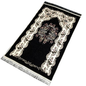 Chenille Luxury Floral  Prayer Rug (Adult)-Large Prayer Mat / Janamaz - Black |  Size: 125 x 67 cm - Made in Turkey