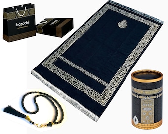 Kaaba Design Gift Boxed Original Chenille Prayer Mat with 99 Beads of Tasbih with Gift Box