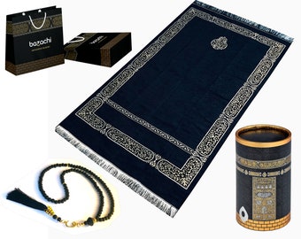 Kaaba Design Tapete de oración de chenilla original en caja de regalo con 99 cuentas de Tasbih con caja de regalo