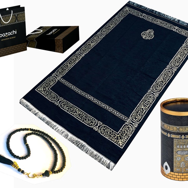Kaaba Design Gift Boxed Original Chenille Prayer Mat with 99 Beads of Tasbih with Gift Box