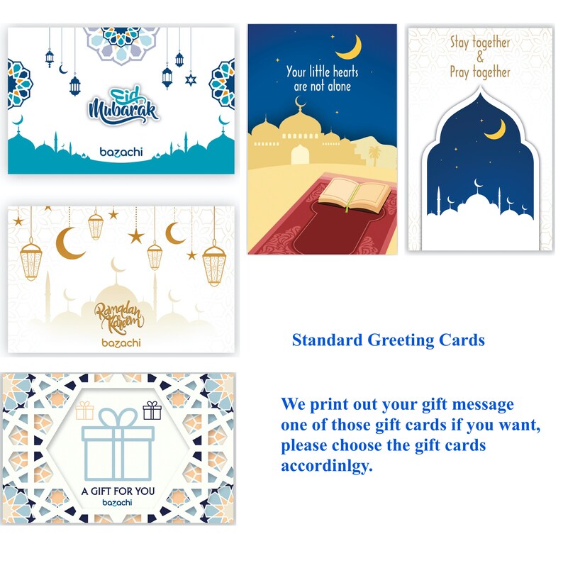 Może przedstawiać: Cztery r&oacute;żne kartki okolicznościowe z motywami islamskimi. Kartki przedstawiają meczet, p&oacute;łksiężyc, gwiazdy i tekst "Eid Mubarak", "Ramadan Kareem", "Wasze małe serca nie są same" oraz "Zostańcie razem i m&oacute;dlcie się razem".