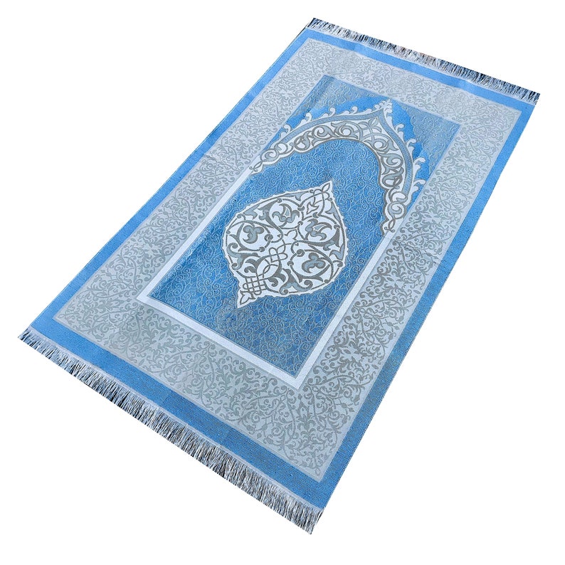 Mihrab Taffeta Gift Boxed Ottoman Prayer Rug with Tasbih Large Prayer Mat / Janamaz Size: 120 x 70 cm Made in Turkey Blue Without Tasbih