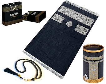 Kaaba Design Tapete de oración de chenilla original en caja de regalo con 99 cuentas de Tasbih con caja de regalo