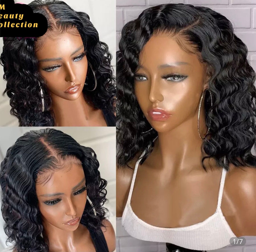 Natural black 1B Curly hair wig Short Bob Wig 13x6 Lace Etsy 日本