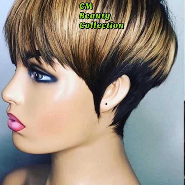 Ready2ship-Brazilian human hair ,non-lace-wig, full machine  short wavy pixie cut w/bang ,1B/brown/27  highlights, 150 % density, cap size M